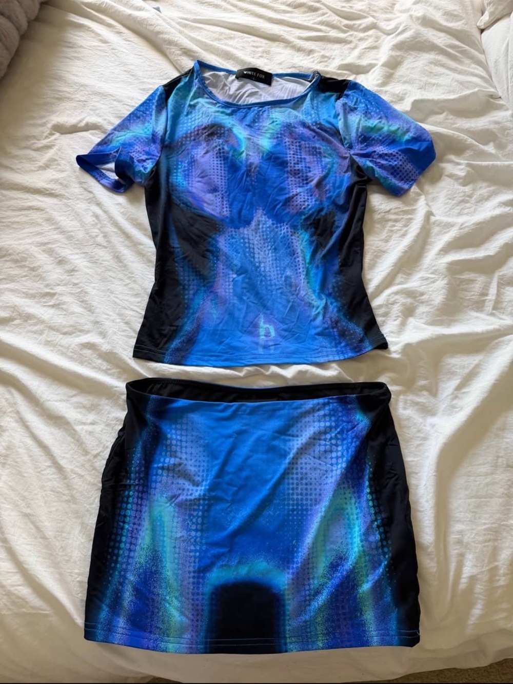 White Fox Boutique Blue and Black Patterned Two-Piece Skirt Set